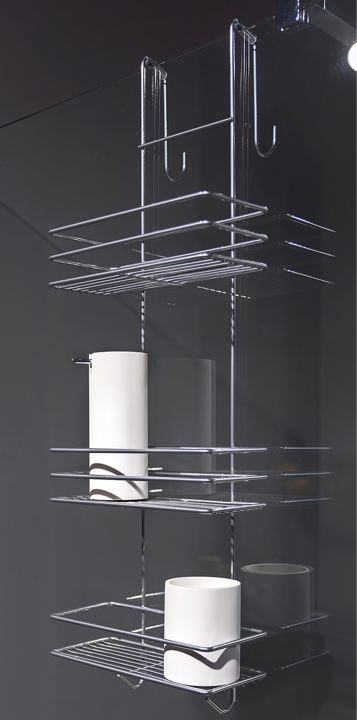 Chrome three-tier shelf hanging on a shower glass panel