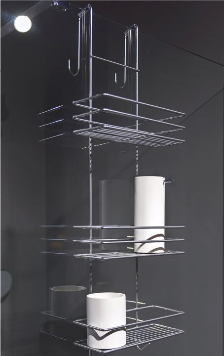 Chrome three-tier shower cabin shelf with white accessories